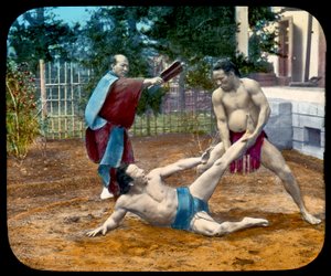Magic Lantern Slide of Sumo Wrestlers. 1895 by Japanese School